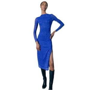 FND ME NOW Dazzling Blue Windowpane Mesh "Harmony Backless" Midi Dress Sz S NWOT - Picture 1 of 14