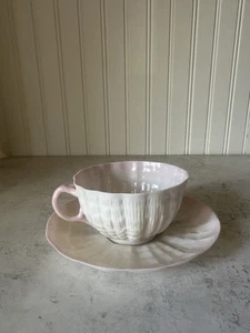 Belleek Ireland Tridacna Pink Flat Cup And Saucer Plate Set 5th & 6th Mark EUC - Picture 1 of 19