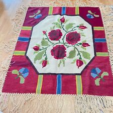 Antique Needlepoint Tablecloth Table Cover Fringed Rose Flower Pattern 46 x 39
