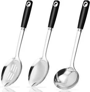 14-in Stainless Steel Spoon Set: Slotted, Cooking & Soup Ladle, 3-Pack - Picture 1 of 5