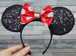 Disney Parks Minnie Mouse Ohren Stirnband Pailletten schwarz weiß gepunktet rot Schleife - Bild 1 von 6
