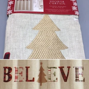 Dash Away Home Gold Christmas Tree Plaid BELIEVE Shower Curtain Embroidered Red - Picture 1 of 7