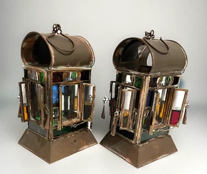Vintage Pair of Betja Colorful Stained Glass Hand Crafted Lamp Indonesia 7 in - Picture 1 of 8