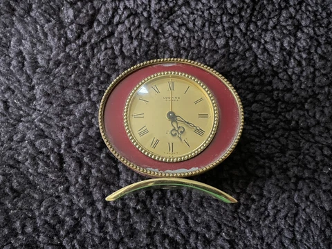 Swiss Looping 8 Days Alarm 15 Jewels Brass Red Enamel Desk Alarm Clock 1950s Cover