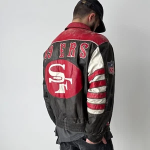 Vintage 1990s NFL SF 49ers Jeff Hamilton Faded Reversible Leather Jacket Size M - Picture 1 of 13