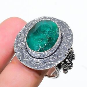 Emerald(Simulated) Gemstone Handmade 925 Sterling Silver Ring Size 8