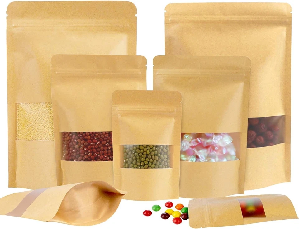 Productos Reutilizables Kraft Stand-Up Cremallera Bloqueo Bolsa Bolsas con Ventana Transparente 50 Piezas Foto 1 de 1