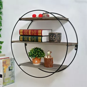 Large Round Wall Unit Industrial Iron Style Retro Metal Wood Home Shelf Storage - Picture 1 of 12