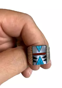 Anillo Nativo Americano Navajo Occidental Plata Esterlina Talla 8 Turquesa Ónix Coral - Imagen 1 de 13