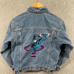 Vintage DC Jean Jacket with Batman Embroidered Youth Size Medium Y2K Blue Denim - Picture 1 of 14