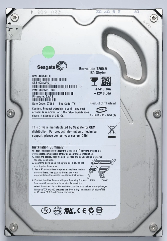 Seagate Barracuda 160GB SATA Desktop Hard Drive Model ST3160812AS P/N 9BD132-188 - Image 1 of 2