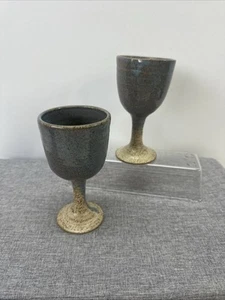 Set of 2 Studio Art Pottery Wine Glasses Stoneware Goblets Signed Follette Blue - Picture 1 of 15