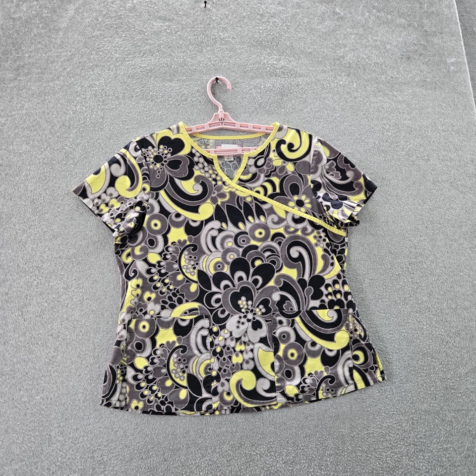 Blusa Médica Koi By Kathy Peterson Mujer L Gris Floral Envoltura Simulada Botón Corto Foto 1 de 4