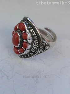 Anello sella retrò antico stile etnico cinese tibet argento intarsiato pietra pino rosso - Foto 1 di 7