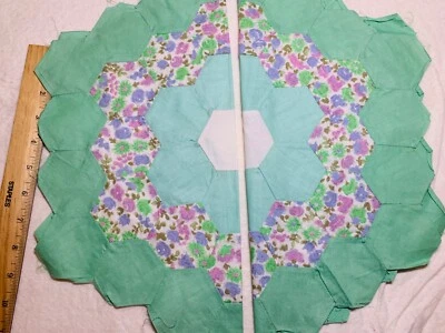 Antique Cotton Fabric 1930s Grandma's Garden 2 Quilt Blocks Hand Pc'd 16.5" - Image 1 of 3