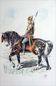 CAVALIER GAULOIS du temps de VERCINGÉTORIX & CÉSAR - Gravure couleur 19e siècle - Picture 1 of 2