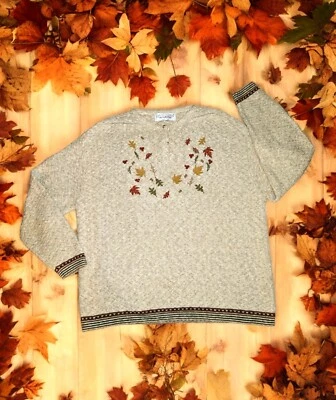 CHELSEA GARDEN Beige Embroidered FALL LEAVES Sweater Knit Women's Size Large VTG - Image 1 of 4