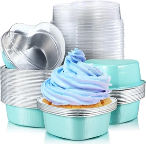 Aluminum Foil Cake Pan Heart Shaped Cupcake Cup with Lids 100 Ml/ 3.4 Ounces Dis - Picture 1 of 7