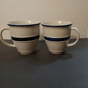 Tienshan Country Crock Stoneware Coffee Mugs White Blue Textured Stripes Lot/2 - Picture 1 of 6