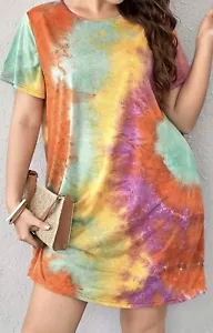 Women's Plus Tie Dye Short Sleeve Round Neck Medium Stretch Dress - Picture 1 of 4