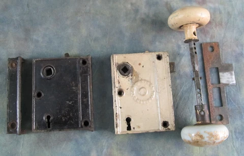 Antique Lot of 2 Interior Mortise Locks with some Door Hardware w/ Door Knob Cover