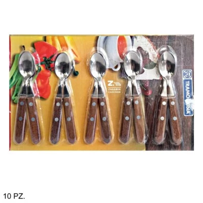 ZAGARIA CASALINGHI SET 10 CUCCHIAINI TRAMONTINA IN ACCIAIO CON MANICO IN LEGNO TRADIZIONALE PER THE