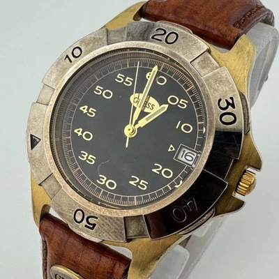 Винтажные мужские кварцевые часы Guess двухцветный вращающийся ободок кожа дата новый аккумулятор - Изображение 1 из 4