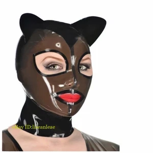 Black Latex Hood with Cat Ears Open Eyes Mouth Back Zipper Rubber Mask Club Wear - Picture 1 of 6