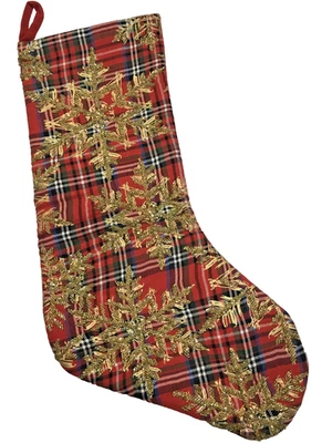 Medias de Navidad Tela a Cuadros Roja 20 pulgadas Cuentas Copos de Nieve Foto 1 de 4