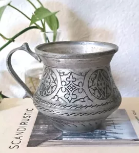 Vintage Persian Large Copper Silver Plated Tankard Mug Islamic Mideast Etched  - Bild 1 von 9