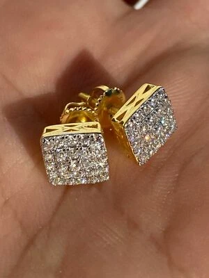 Real Solid 925 Silver Iced Hip Hop Earrings Screw Back Gold Plated Square CZ - Image 1 of 4