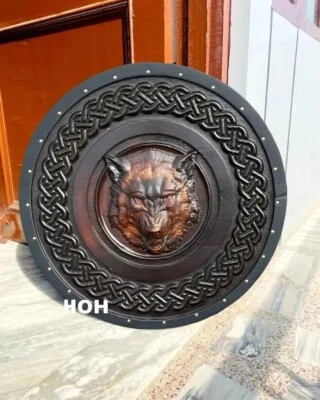 Viking wolf head round shield,wooden carved shield wall decor 24 Inch - Image 1 of 4