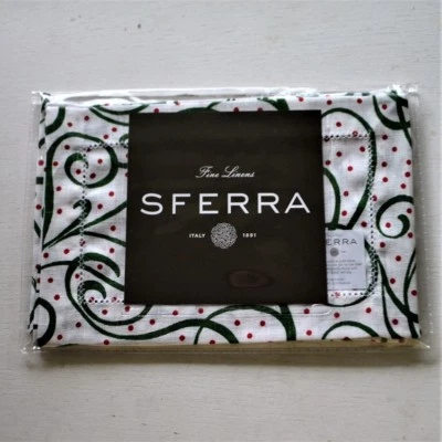 Sferra Frolic Holiday Cocktail Napkins Emerald Green/Red Linen SET/4 New 6x9" - Image 1 of 3
