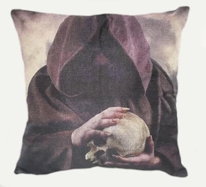 Grim Reaper Angel of Death Hooded Monk Cushion Cover Canvas Material Zip Closer - Picture 1 of 2