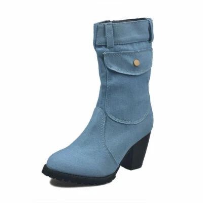 Mujeres Damas Botas de mezclilla a media pantorrilla Tacón bloque Cremallera Punta redonda Jeans Zapato informal Foto 1 de 4