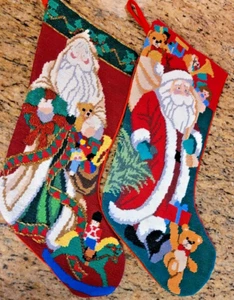 Vintage- Needlepoint - Santa Stockings - Set of Two - NICE - Picture 1 of 2