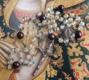 New Beautiful Antique Copper Mary Centerpiece ITALY Crucifix Glass Bead Rosary   - Picture 1 of 8
