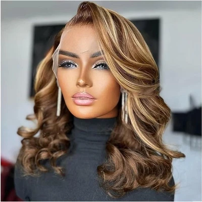 Highlight Brown With Honey Blonde Body Wave Bob Human Hair Wig 13X6 HD Invisi... - Image 1 of 4