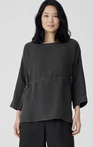 Eileen Fisher Handkerchief Linen Drawstring Tunic Top Size L Bateau Neck Gray - Picture 1 of 10