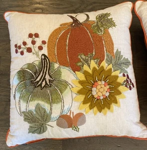 Pier 1 Pair Of Harvest Pumpkin 3D Throw Pillows 17x17 Embroidered BeadedFall EUC - Picture 1 of 11