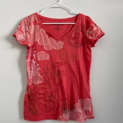 Y2K Lucky Brand Tees Women M Coral Short Sleeve Asian Embroidery Dragon V Neck - Image 1 of 4