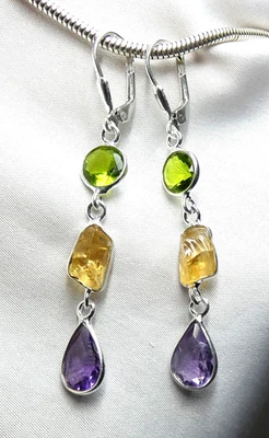 Ohrhänger 925 Silber Klappbrisur facettierter Citrin, Peridot und Amethyst NEU - Bild 1 von 4