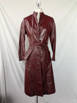 Vintage 1970s Tivolie Fashions Rust Red Leather Trench Coat Belted Sz M   VGUC - Image 1 of 4