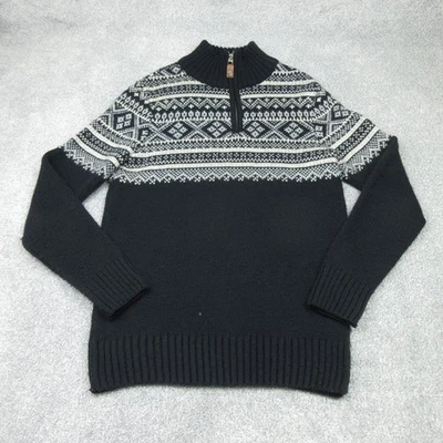 Superdry Jumper Mens Medium Black Pullover Sweater Nordic Knit Fair Isle 1/4 Zip - Image 1 of 4