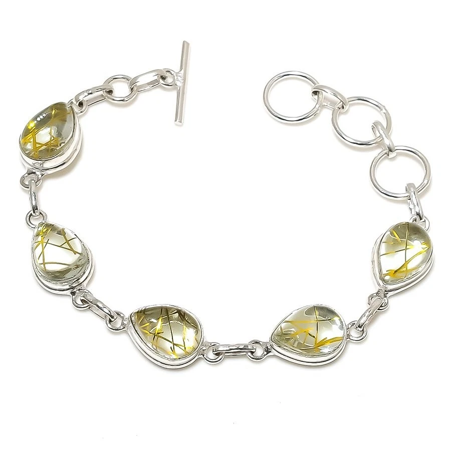 Rutile Quartz Gemstone Handmade 925 Sterling Silver Bracelet Size 7-8" - Image 1 of 1