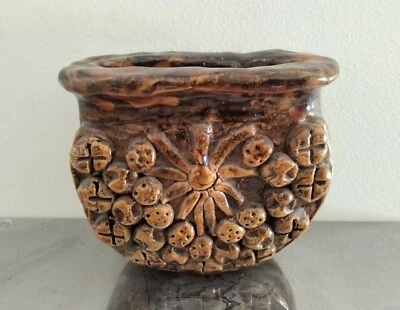 Vintage hand made naive rustic primitive studio brown textured vase signed 1992 - Image 1 of 4