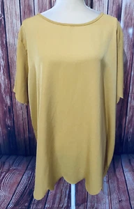 Women’s 3X Blouse Tickled Teal Mustard Short Sleeves U Neck Silky Ruffle Trim - Picture 1 of 12