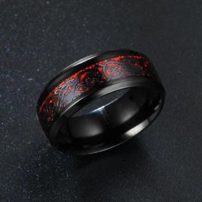 8 mm Black Stainless Steel Red Dragon Inlay Engagement Wedding Ring Sizes 7 - 12 - Image 1 of 3