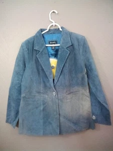 NEW Denim & CO Genuine Blue Leather Suede Button Coat Washable Jacket Large  NWT - Picture 1 of 8