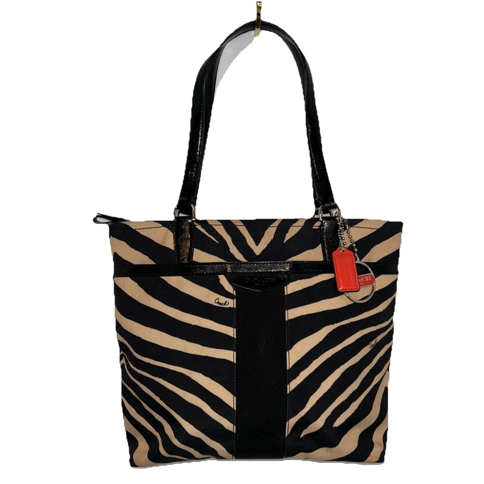 Bolso de Mano Coach Zebra Bolso de Hombro Firma Rayas Negro y Tostado Lona 23283 Foto 1 de 4